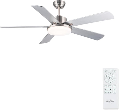 Newday 107CM Zilveren Plafondventilator met 5 Blades, Rustige Plafondventilator met Licht en Afstandsbediening voor Slaapkamer, Omkeerbare Plafondventilator met Lamp Dimbaar
