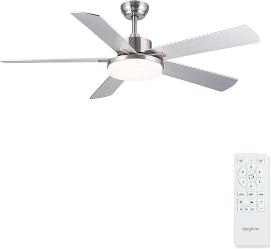 Newday 107CM Zilveren Plafondventilator met 5 Blades, Rustige Plafondventilator met Licht en Afstandsbediening voor Slaapkamer, Omkeerbare Plafondventilator met Lamp Dimbaar