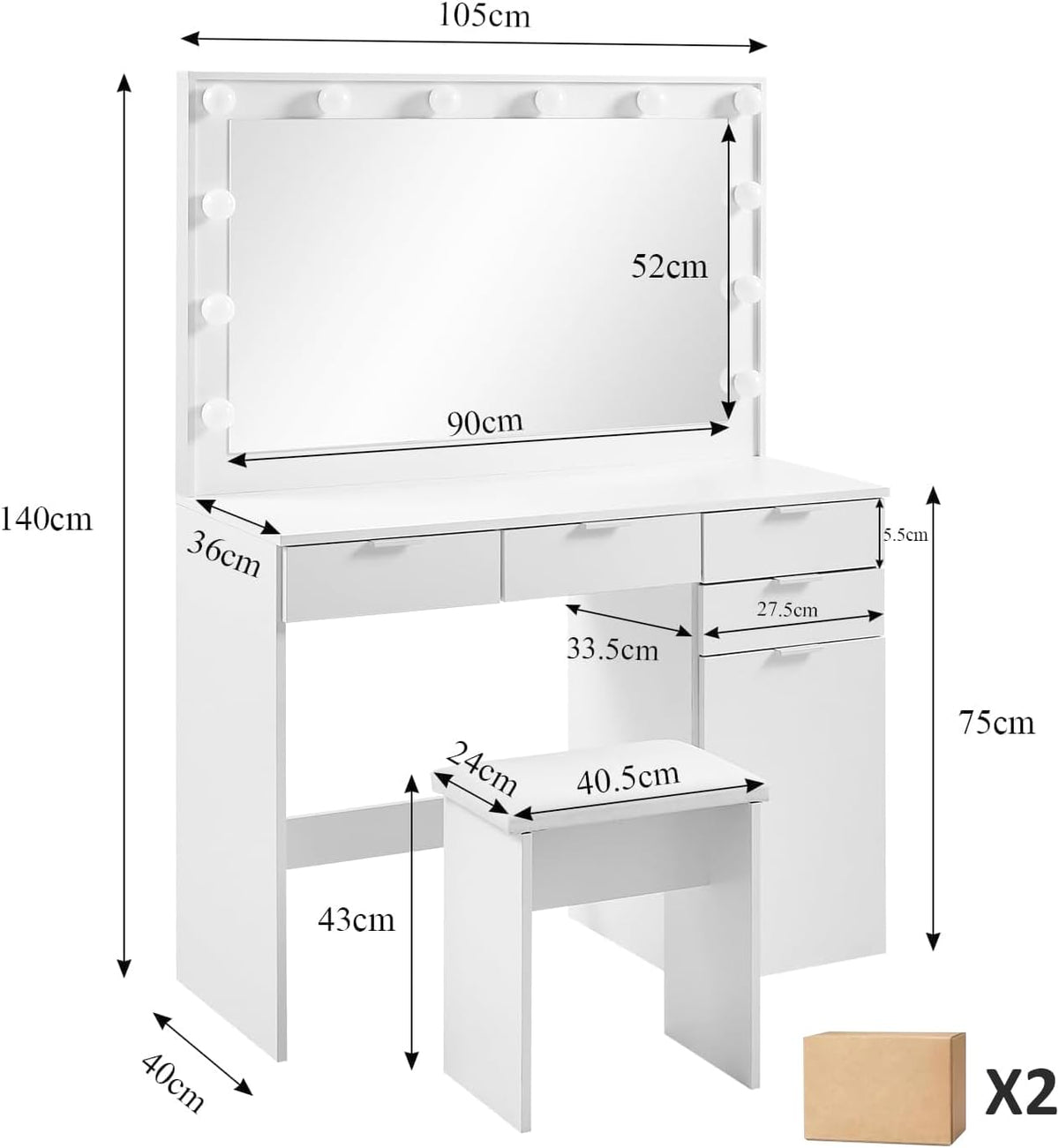 CLIPOP Dressing Table with LED Mirror, Makeup Table with Stool, Dressing Table with 4 Drawers and 1 Closed Storage Compartment for Bedroom - QUORE