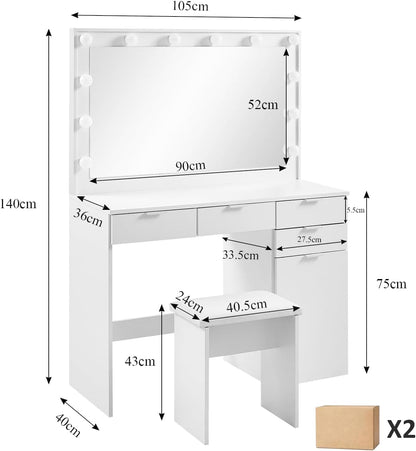 CLIPOP Dressing Table with LED Mirror, Makeup Table with Stool, Dressing Table with 4 Drawers and 1 Closed Storage Compartment for Bedroom - QUORE