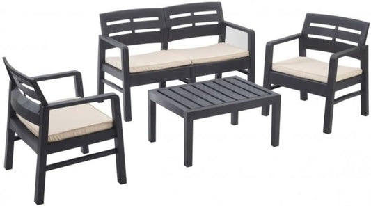 Garden furniture set, 4-piece, anthracite, 2-seater sofa + 2 armchairs + coffee table + 3 cushions ecru - QUORE