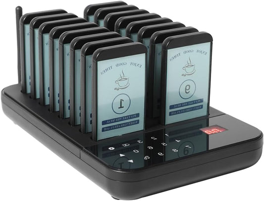 Draadloos Oproepsysteem – Pager Systeem – Belsysteem – Restaurant Pager – Horeca Pager – 16 Pagers – 7 Oproepmodi – Waterdicht Touch Toetsenbord – Bereik Tot 500 Meter - QUORE