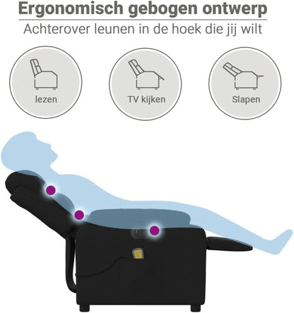 Elektrische Massagestoel – Verstelbare Relaxstoel – Zwarte Massagestoel – Elektrisch Verstelbare Fauteuil – Comfortabele Relaxfauteuil – 6-Punts Vibratiemassage – Stabiel Hout-Metaal Frame