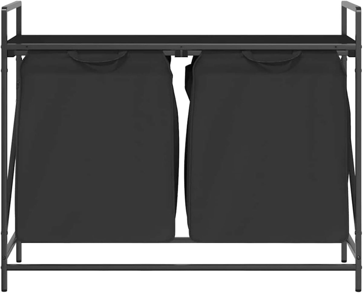 Wasmand – Laundry Basket – Wasbox – Wasopberger – Waszakken – Met Twee Compartimenten – Bovenste Opbergrek – Zwart Stalen Frame – Eiken Houtlook