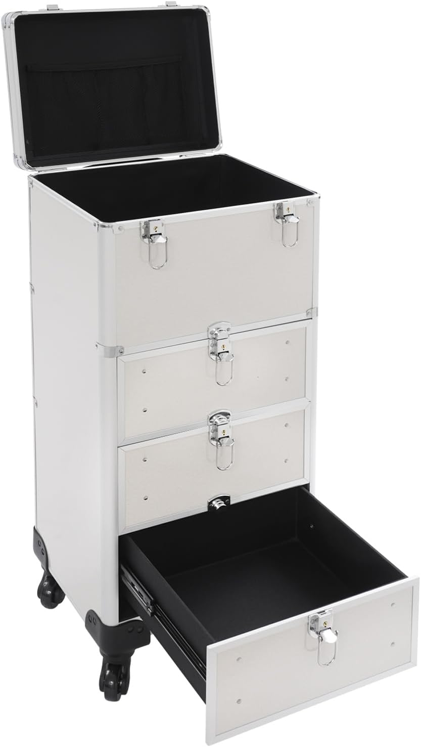 Make-Up Koffer – Make-Up Trolley – Cosmetica Koffer – Visagiekoffer – Beautycase – Aluminium Behuizing – Vergrendelbaar Met 3 Lades & 4 Wielen
