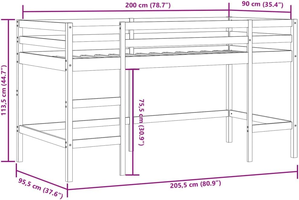 vidaXL Kinderhoogslaper met ladder 90x200 cm massief grenenhout wit, kinderbedframe, peuterbed, junior bed, kinderbed, peuter bed, halfhoogslaper
