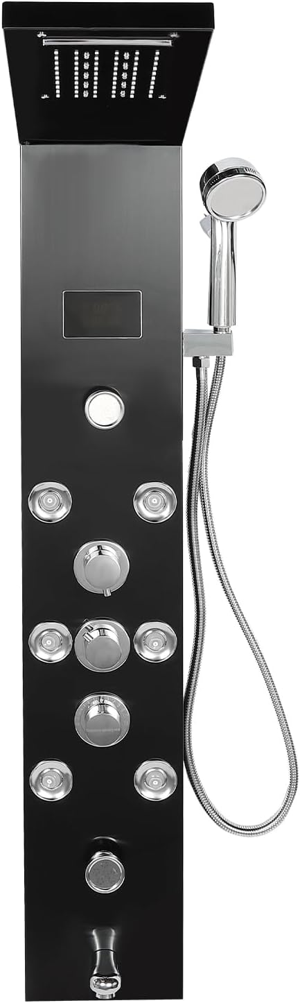 Douchepaneel – Douchekolom – Douchewand – Thermostaatkraan – Regendouche – RVS Zwart – LED Temperatuurweergave – 6 Waterstanden