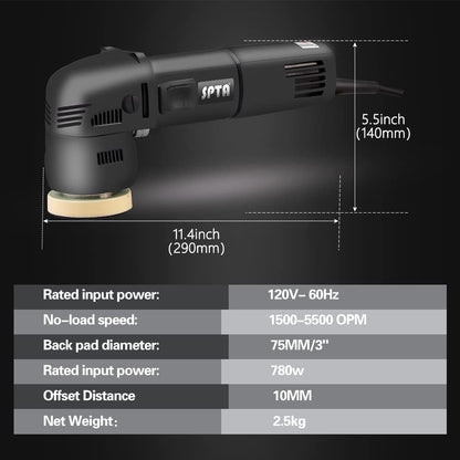 SPTA Polijstmachine, 9 mm, 750 W, excentrisch, snelheid 2500-5500 tpm, 80 mm polijstschijf, polijstspons, polijstpad, zijgreep