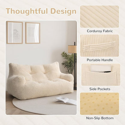 Pamapic Zitzak, grote zitzakstoel met vulling, 2-zitsbank met draagbaar handvat, moderne ergonomische zitzak voor volwassenen, comfortabele stoel voor woonkamer, slaapkamer, speelkamer, beige