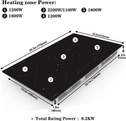COVERCOOK Keramische kookplaat, 5 pitten, inbouw, elektrische kookplaat, 77 cm, 8200 W, touch-bediening, timer, zwart