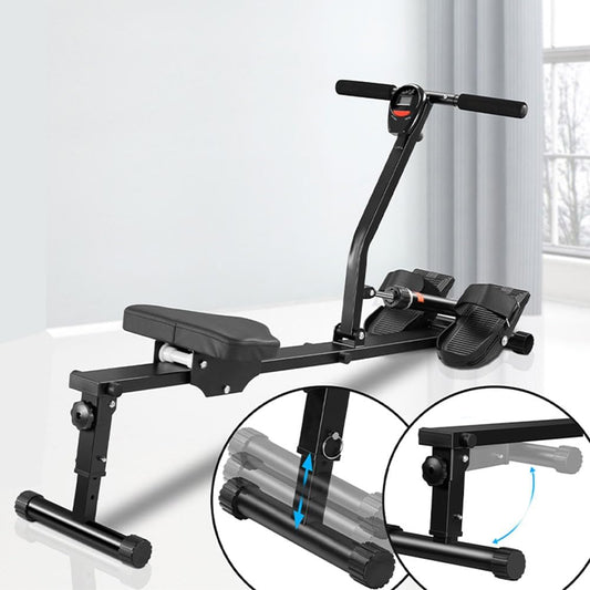 BAKAJI Rowing machine, foldable, space-saving and quiet, training device for indoor use, with LCD display and 12 resistance levels, gym, fitness, cardio (foldable rowing machine - QUORE