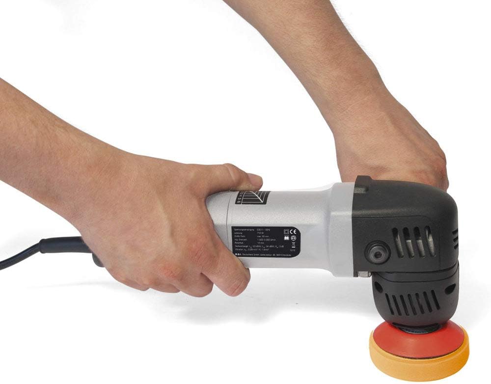 Dino KRAFTPAKET 640245 excentrische polijstmachine, 12 mm-710 W, traploos in set met 74 mm steunschijf, 2 x polijstpad, 75 mm polijstspons, tas voor auto, boot, doe-het-zelvers, grijs