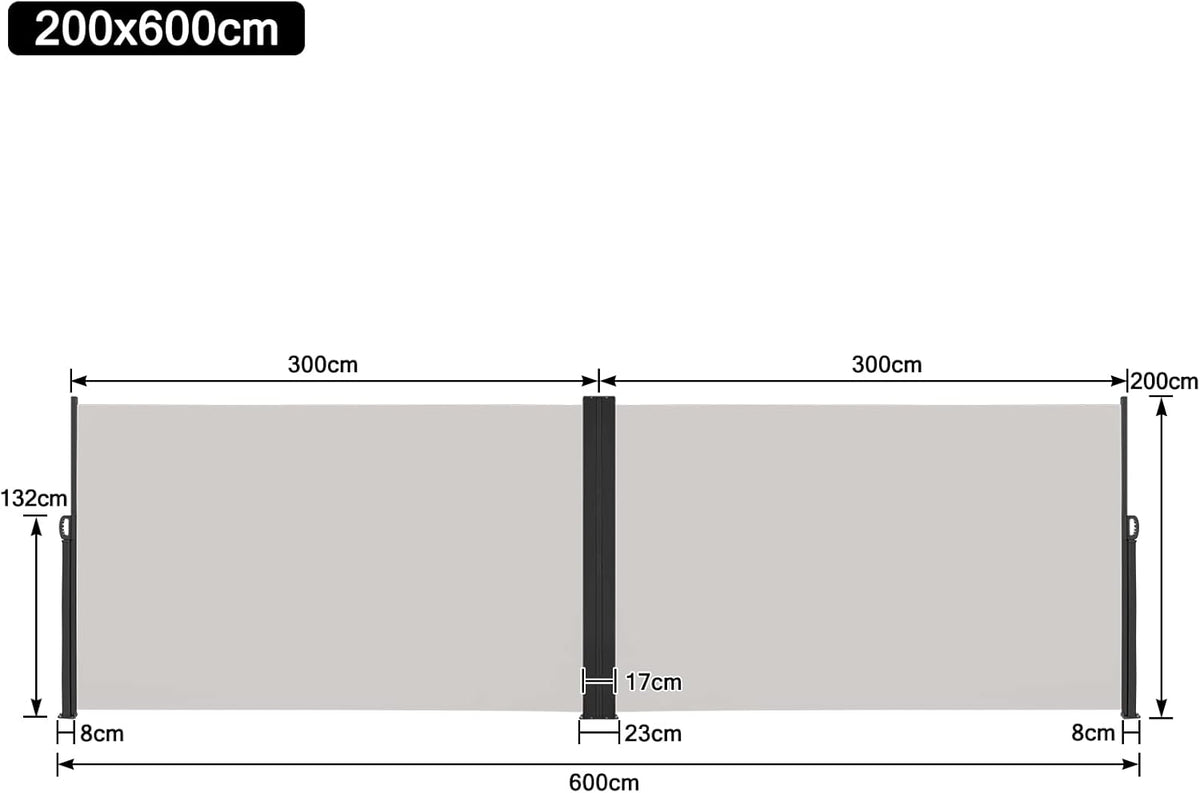 Zijscherm – Zijluifel – Balkonzonnescherm – Privacyscherm – Uittrekbaar – Waterdicht Polyester – Windbestendig 200x600 cm