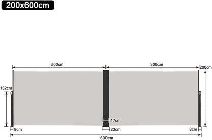 Zijscherm – Zijluifel – Balkonzonnescherm – Privacyscherm – Uittrekbaar – Waterdicht Polyester – Windbestendig 200x600 cm