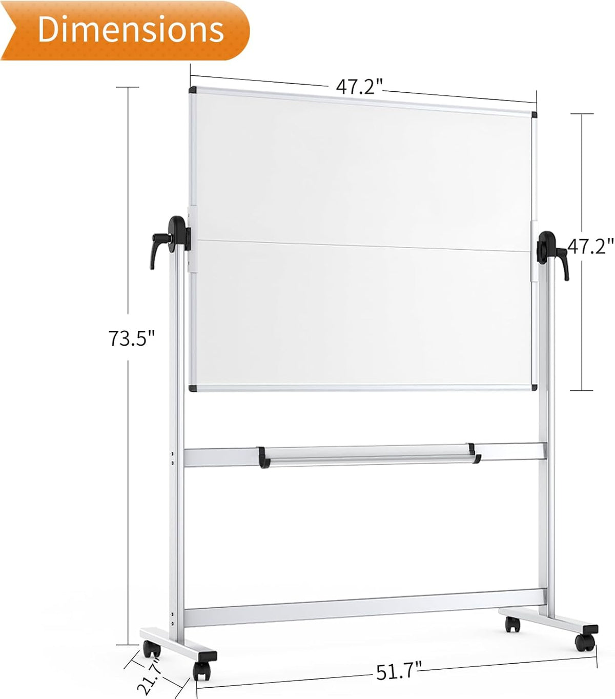 VIZ-PRO Dubbelzijdig mobiel whiteboard, 112 x 112 cm, magnetisch rollend droog wisbaar wit bord op wielen met aluminium frame en standaard
