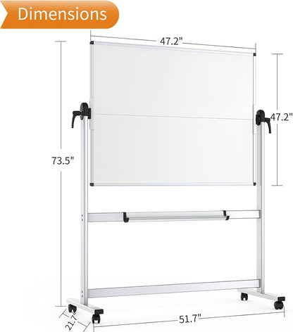 VIZ-PRO Dubbelzijdig mobiel whiteboard, 112 x 112 cm, magnetisch rollend droog wisbaar wit bord op wielen met aluminium frame en standaard