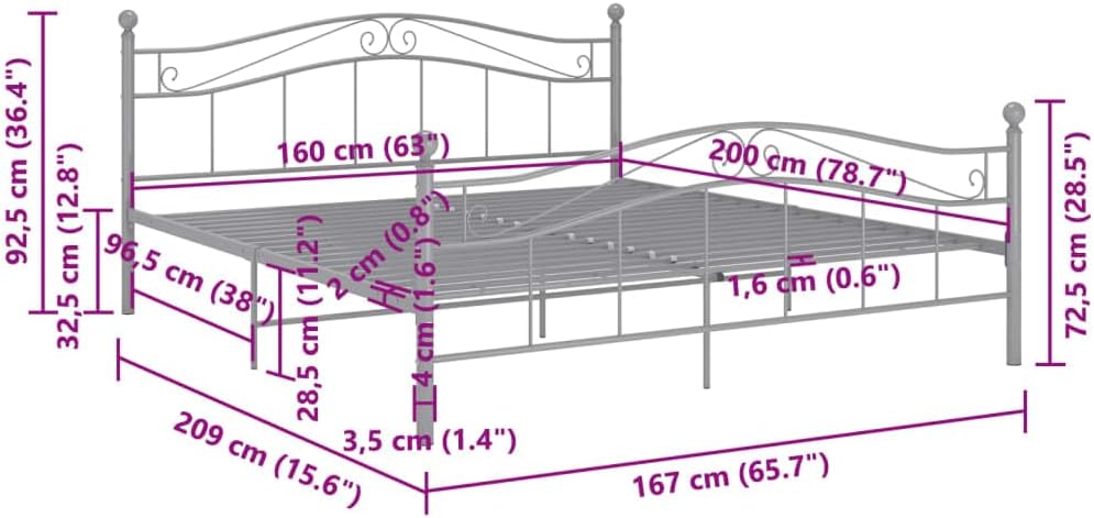 vidaXL Bedframe metaal grijs 160x200 cm, tweepersoonsbed, bed, bedombouw, tweepersoonsbedden, bedden, bedombouwen, frame, frames, slaapmeubel