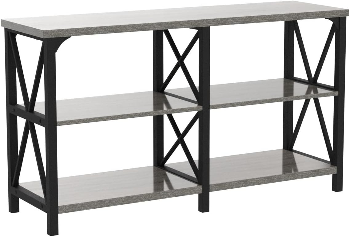 LVB Rustieke banktafel, boerderij consoletafel voor woonkamer, hal entryway tafel met opslag, entree tafel voor foyer, 55 inch grijs eiken