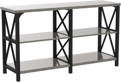LVB Rustieke banktafel, boerderij consoletafel voor woonkamer, hal entryway tafel met opslag, entree tafel voor foyer, 55 inch grijs eiken