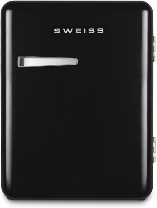 SWEISS WEISS9 Mini-bar, vintage, 31 l, mini-koelkast, compact, retro design, stille koelkast, 24 dB, voor slaapkamer, kantoor, dranken of cosmetica, instelbare temperatuur 6°-15 °C, zwart
