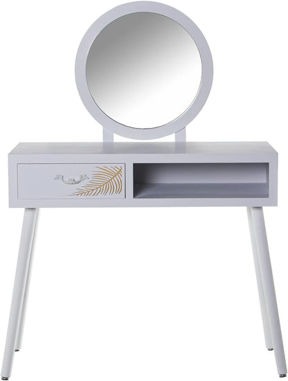 DRW Schminktafel met 1 lade van MDF-hout met reliëfblad en spiegel in wit en goud, 90 x 40 x 80 cm, spiegel 50 cm