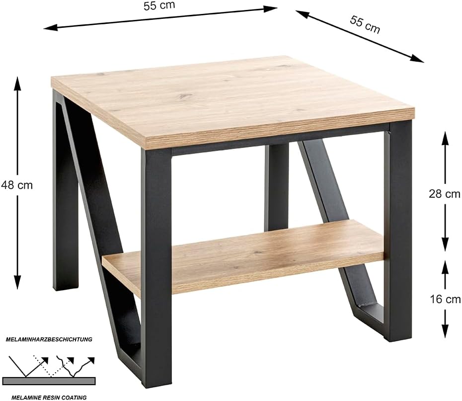 HAKU Bijzettafel eiken, zwart, MDF, metaal - Maat: B 55 cm x H 48 cm x D 55 cm, Stijl: Modern