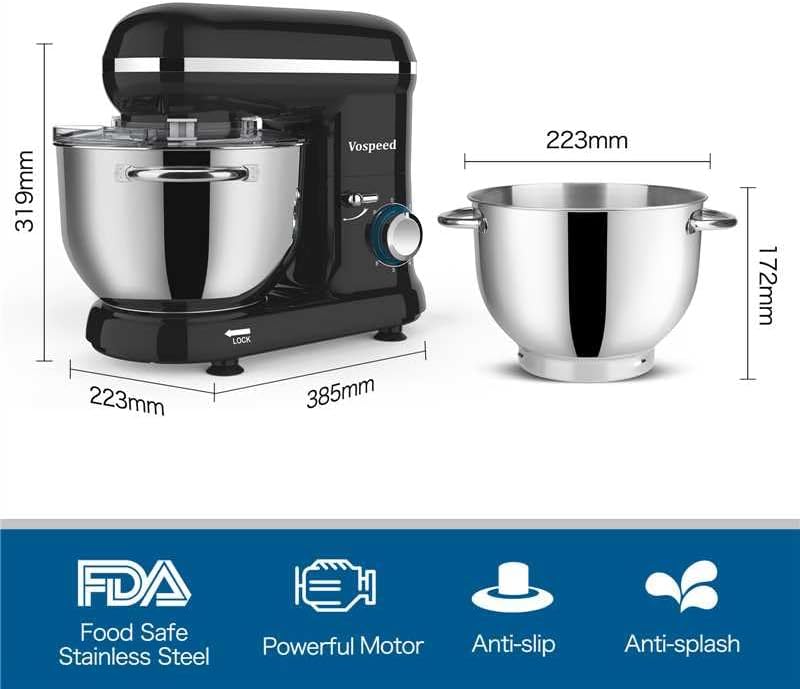 Keukenmachine – Kneedmachine – Keukenmixer – Deegmixer – Standmixer – Zwart – 1500W Motor – 6,2QT Rvs Kom