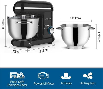 Keukenmachine – Kneedmachine – Keukenmixer – Deegmixer – Standmixer – Zwart – 1500W Motor – 6,2QT Rvs Kom