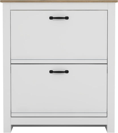 Galano Laverton 2-laags flip-down schoenenkast, slanke moderne schoenopbergkast voor hal, slaapkamer of woonkamer (wit/eiken)