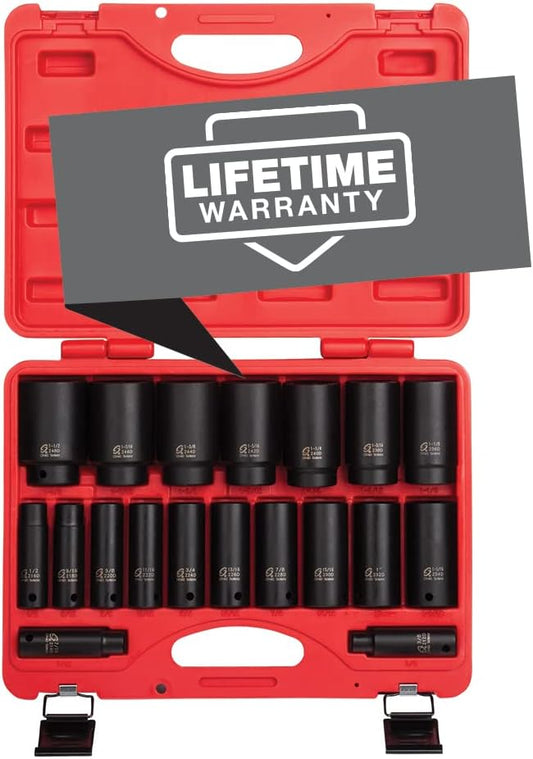 Sunex 2641, 1/2 Inch Drive Deep Impact Socket Set, 19-delig, SAE, 3/8" - 1-1/2", Cr-Mo Legering Staal, Radius Corner Design, Dual Size Markeringen, Heavy Duty Storage Case