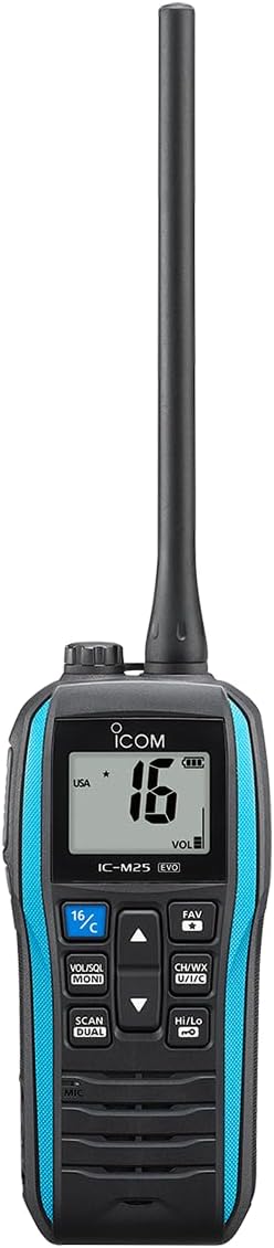Icom M25EVO Blue Marine VHF Radio | Drijvend | Waterdicht | USB Opladen | Lichtgewicht | Lange levensduur van de batterij | Boating Essentials