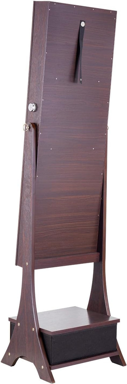 VEVOR Sieradenkast, 41 x 36 x 157 cm, met spiegel, sieradenspiegel-organizer met slot en full-body spiegel, fluwelen voering, ledlicht, lade voor sieraden, effecten, bruin