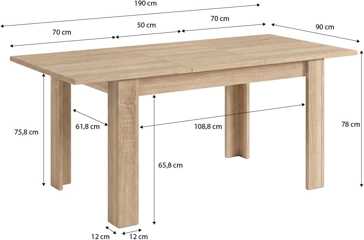 duehome Uittrekbare eettafel, rechthoekig, model Danna, afwerking in Canadees eiken, afmetingen: 140-190 cm (L) x 90 cm (B) x 78 cm (H)
