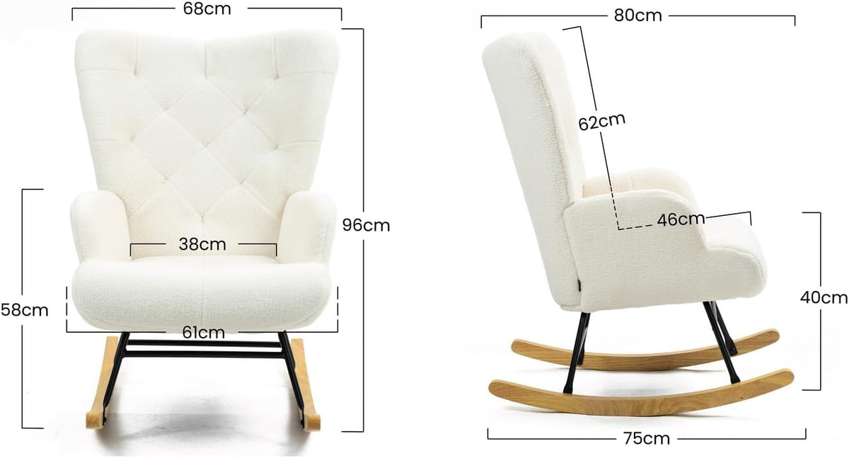 WeHome - Gestoffeerde schommelstoel met armleuningen, relaxstoel voor binnen, schommelstoel van hout en metaal met veelkleurige overtrek, 96 x 66 x 90 cm (bouclé, crème)