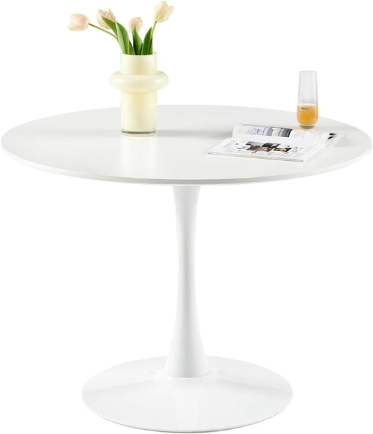 Modern Round Dining Table, Bar Table, Desk, Suitable for Kitchen, Dining Room, Living Room and Office, for 2-4 People, Diameter 100 cm, White - QUORE