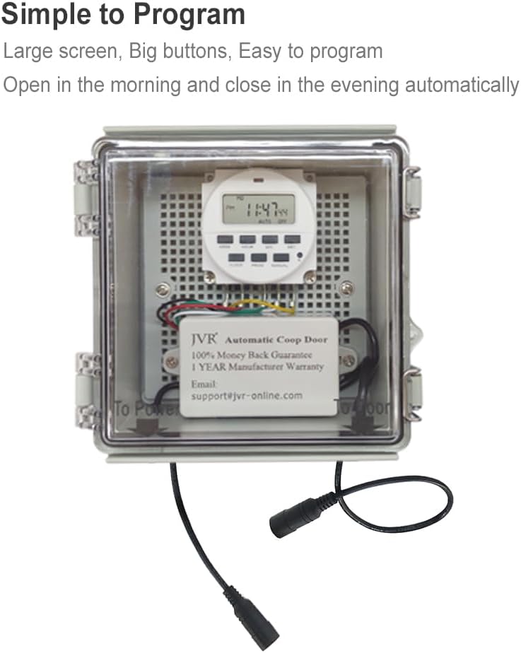 JVR Automatic chicken coop door opener with timer, programmable, aluminum chicken doors, electric run automatic chicken door automatic opener, actuator motor, safety function