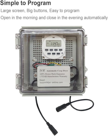 JVR Automatic chicken coop door opener with timer, programmable, aluminum chicken doors, electric run automatic chicken door automatic opener, actuator motor, safety function