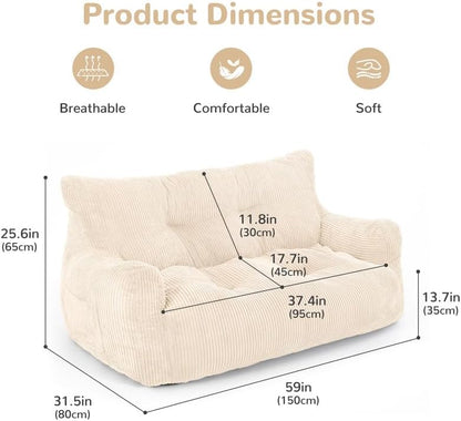 Pamapic Zitzak, grote zitzakstoel met vulling, 2-zitsbank met draagbaar handvat, moderne ergonomische zitzak voor volwassenen, comfortabele stoel voor woonkamer, slaapkamer, speelkamer, beige