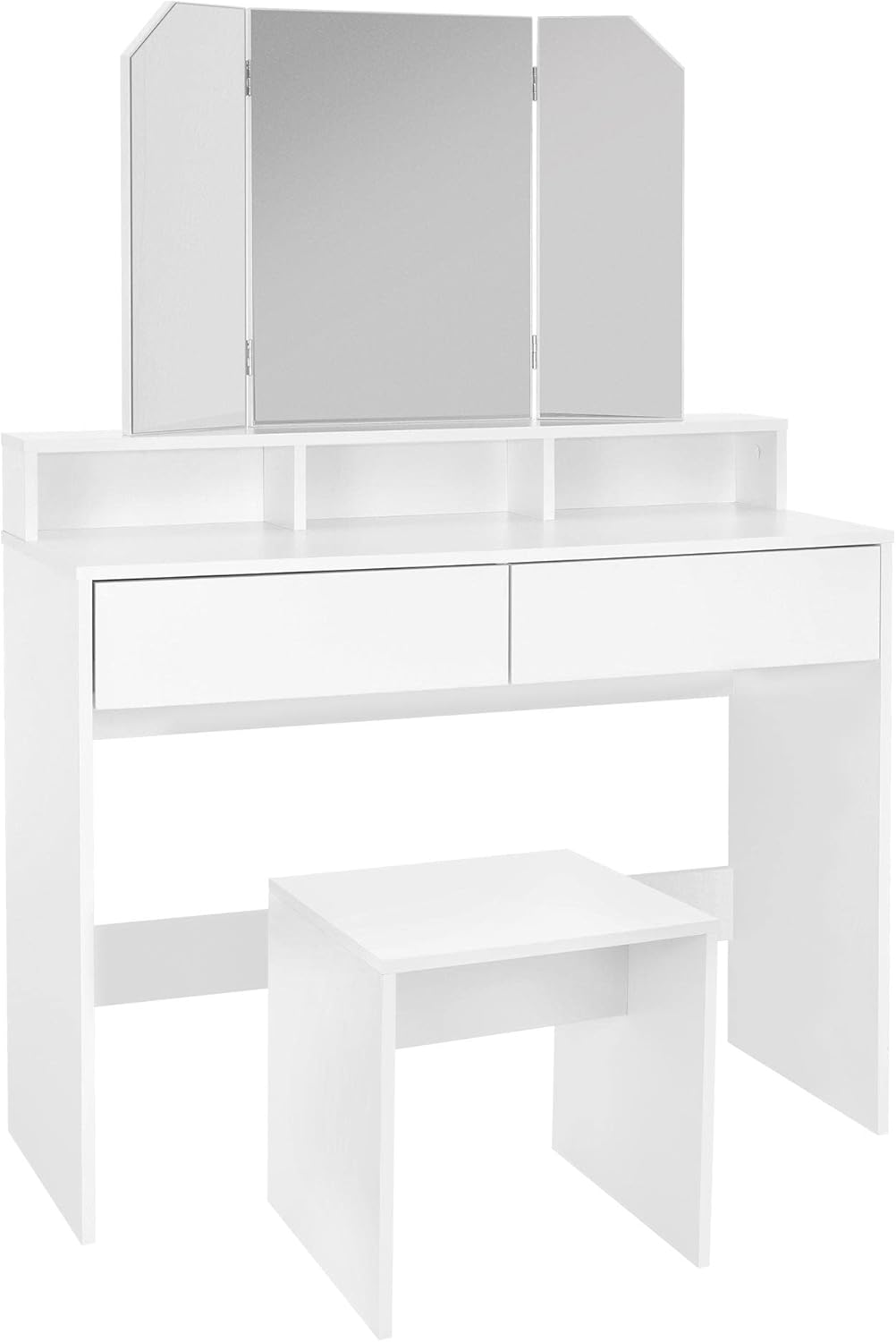ML-Design Makeup Table with Folding Mirror and Stool, 100 x 40 x 140 cm, Modern White, with 2 Drawers, 3 Open Compartments, Dressing Table, Wooden Pane, Bedroom - QUORE