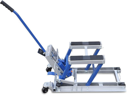 Motorcycle Lift, 680 kg, Engine Lift, Mounting Buck, Super Light, ATV, Quad Lift, Lift Stand, Hydraulic Lift, Landing Machine, Repair, Engine Stand, Blue - QUORE