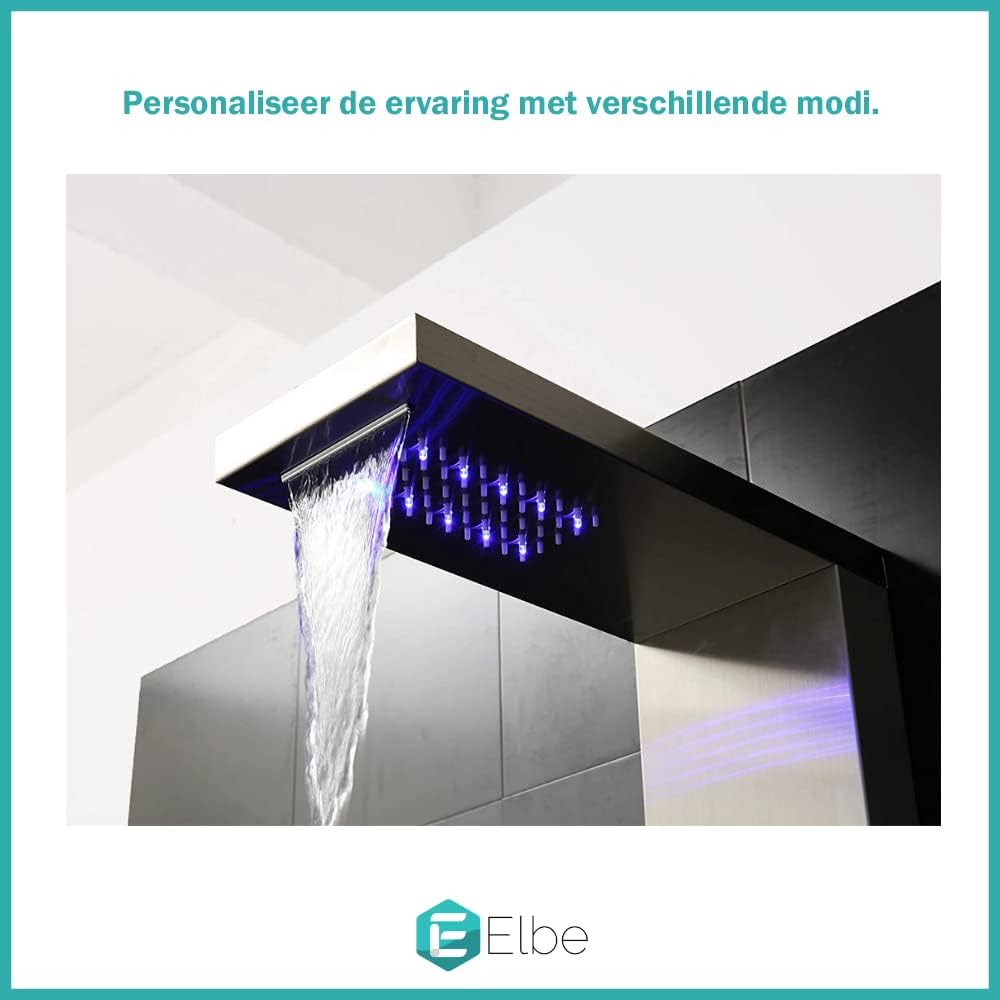 Elbe® LED-douchepaneel in geborsteld 304 roestvrij staal met 4 functies voor nog meer wellness en ontspanning in uw eigen badkamer