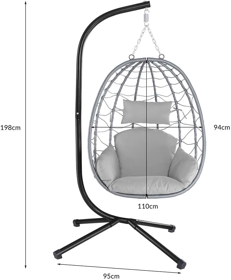 Bakaji Hangstoel voor de tuin, schommelstoel, hangmat voor buiten, frame van metaal, nest van rotan en touw + gewatteerd zitkussen en hoofdsteun, 198 x 110 x 95 cm, grijs