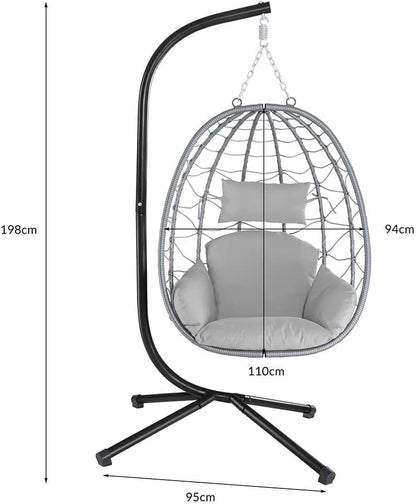 Bakaji Hangstoel voor de tuin, schommelstoel, hangmat voor buiten, frame van metaal, nest van rotan en touw + gewatteerd zitkussen en hoofdsteun, 198 x 110 x 95 cm, grijs