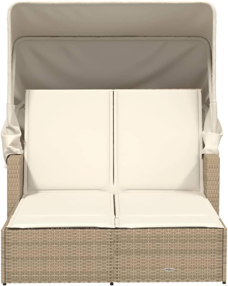 Outdoor Lounger with Retractable Roof and Padded Cushions, Adjustable Backrest in 2 Positions, Durable and Washable PE Rattan Material, for Garden or Patio - QUORE