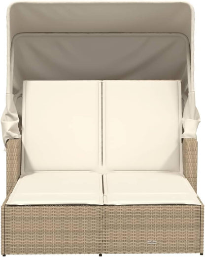 Outdoor Lounger with Retractable Roof and Padded Cushions, Adjustable Backrest in 2 Positions, Durable and Washable PE Rattan Material, for Garden or Patio - QUORE