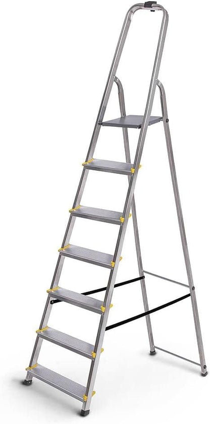 Trapladder Dura 7 treden van aluminium, licht en opvouwbaar, antislip voeten, hoogte van het platform 140 cm, maximale belasting 150 kg
