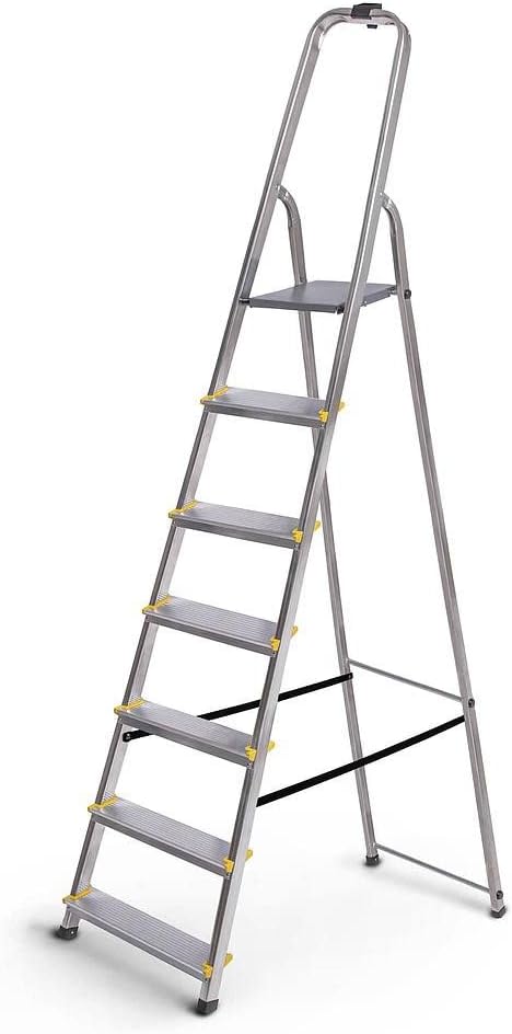 Trapladder Dura 7 treden van aluminium, licht en opvouwbaar, antislip voeten, hoogte van het platform 140 cm, maximale belasting 150 kg