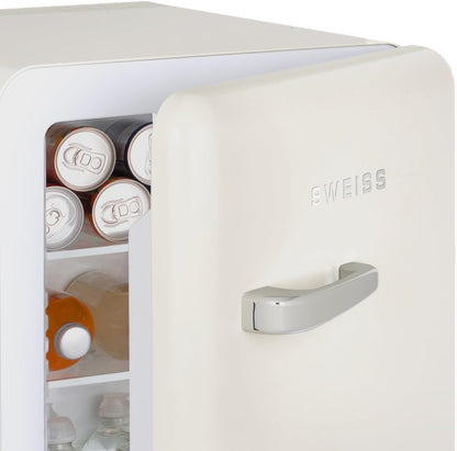 SWEISS WEISS8 Mini-bar, vintage, 31 l, mini-koelkast, compact, retro design, stille koelkast, 24 dB, voor slaapkamer, kantoor, dranken of cosmetica, instelbare temperatuur 6°-15 °C, beige