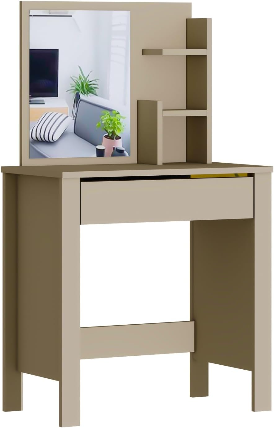 Make-uptafel – Kaptafel – Make-upmeubel – Schminktafel – Opbergmeubel – Compacte Afmetingen 72x40x124 cm – Onderhoudsvriendelijk Melamine Oppervlak (Beige)