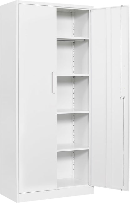 Steel Storage Cabinet, Steel Filing Cabinet with Lock, 4 Adjustable Shelves, Double Doors, Multifunctional Tool Cabinet for Study Room, Garage, White